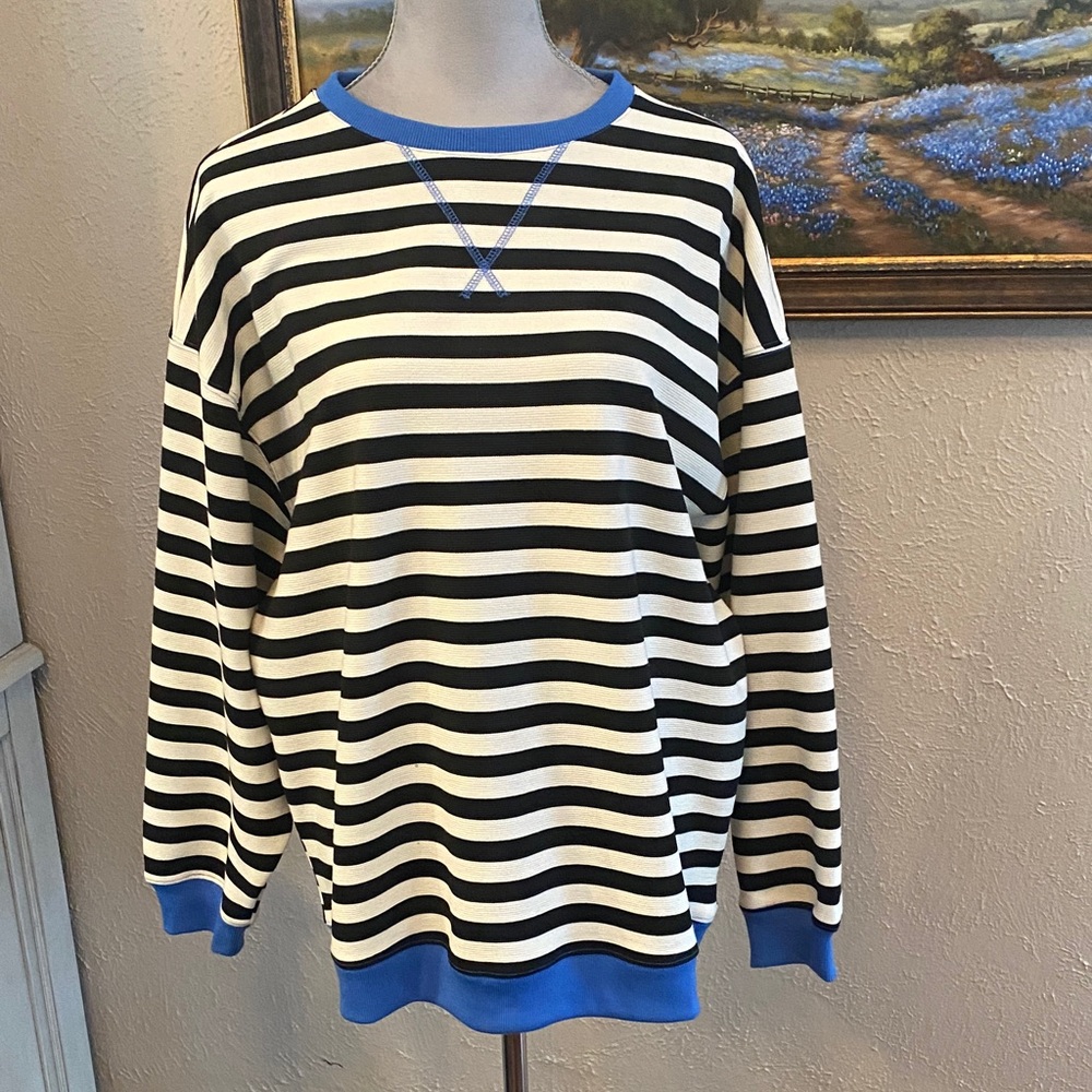 Fate Black and White Striped Crewneck Sweater with Blue Trim